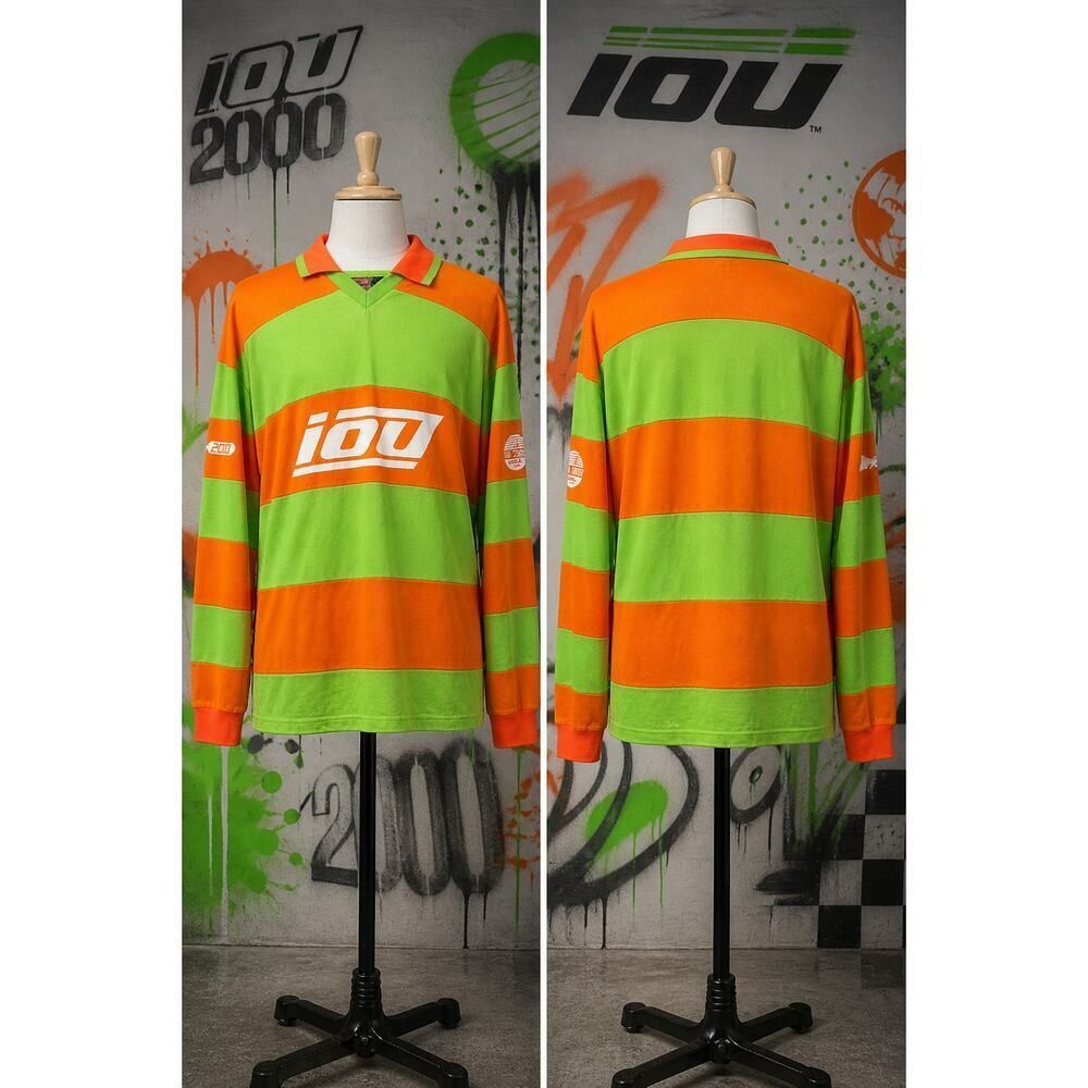 Vintage IOU 2000 Rugby Shirt Neon Green Orange Striped Y2K XL
